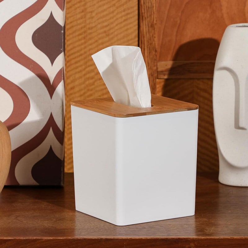 Sunkaioo Tissue Box Cover Square,Tissue Box Holder with Bamboo Lid,Tissue Dryer Sheet Holder for Modern Farmhouse Boho Decor,1 Pack,(White) - Image 5